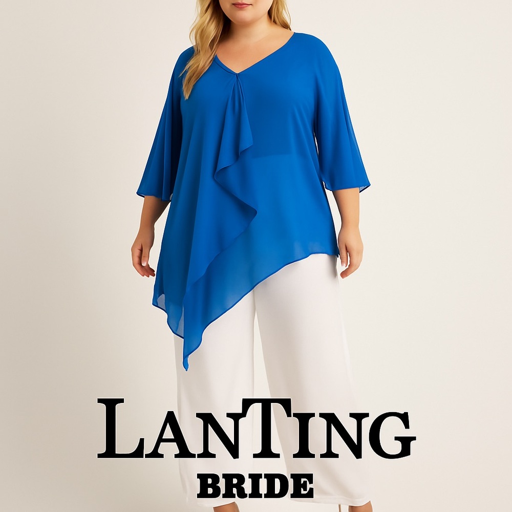 LT Lanting Bride Blue Chiffon Plus  XXL Asymmetric Blouse Resort Poolside Chic - Picture 1 of 16